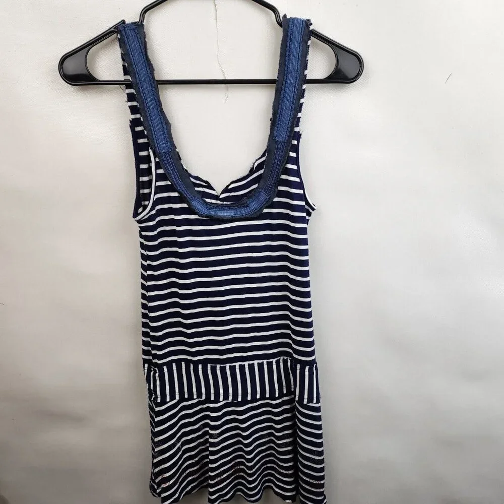 Vintage Free People Womens‎ BOHO Tank Top XS Blue White Embroidered Striped